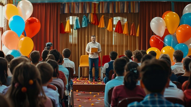 Photo a man is standing on a stage with a book in his hand