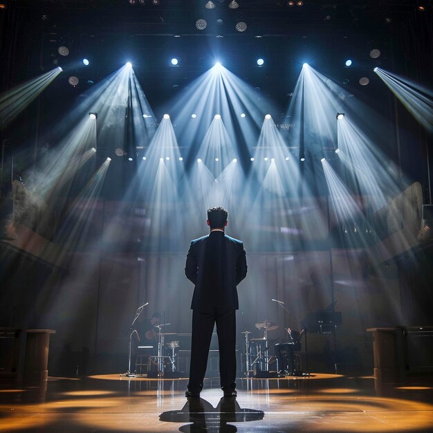 Photo a man is standing on stage with a microphone in front of a stage with the lights on it