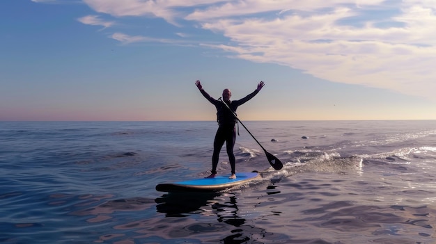 Photo a man is standing on a surfboard in the ocean holding a paddle