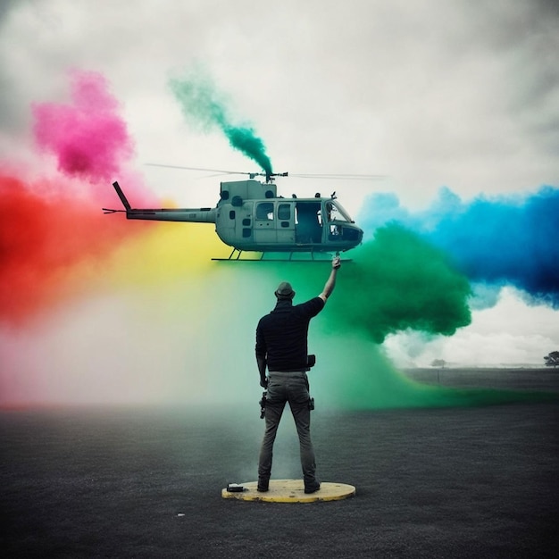 A man is standing on a surfboard with a helicopter in the background.