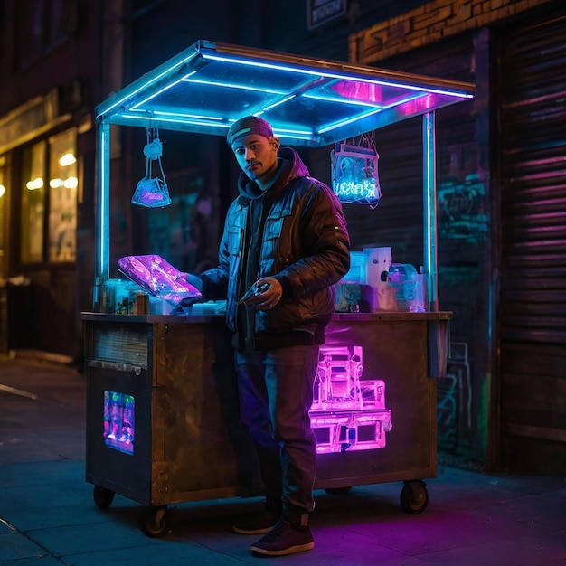 a man is standing behind a table with a stack of books on it