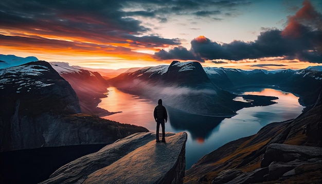 A man is standing on top of the mountain and enjoying the beautiful view during a vibrant sunset