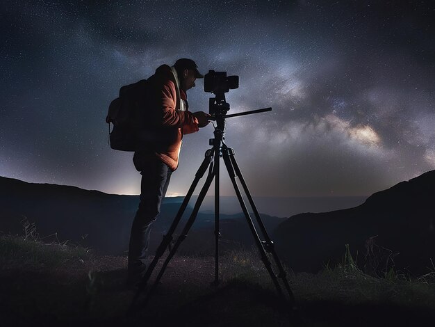 a man is standing next to a tripod and a camera