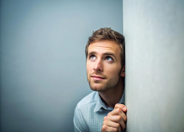 a man is standing behind a wall with a blue background