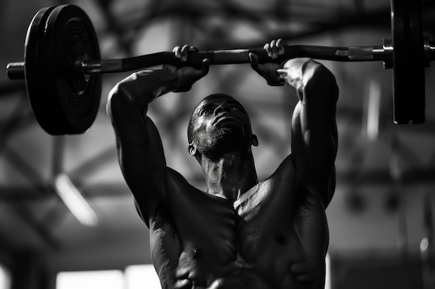 A man is straining to lift a barbell in a gym setting Straining to lift weights aloft