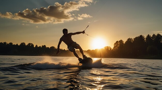 Photo a man is surfing on a lake with the sun setting behind him