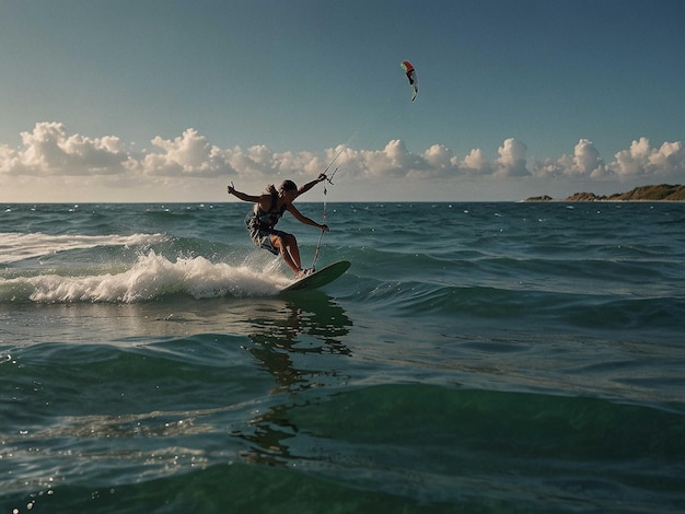 Photo a man is surfing on a wave with a sail in the background