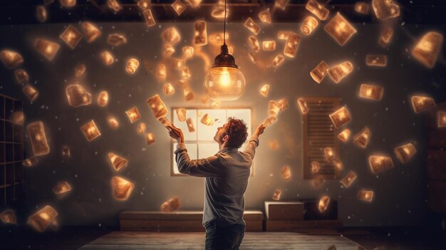 A man is surrounded by light bulbs and the words " light up "