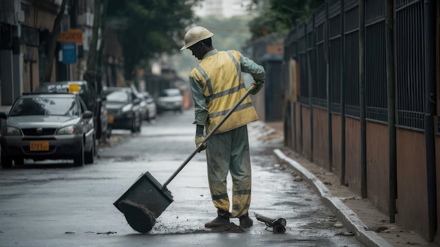 a man is sweeping the street with a shovel