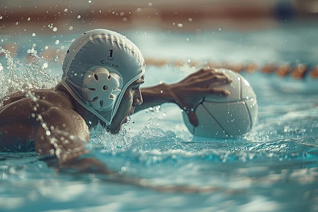 Photo a man is swimming in a pool with a volleyball in his head