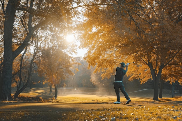 A man is swinging a golf club in a park on a sunny day A golfer midswing with sunlight filtering through the trees