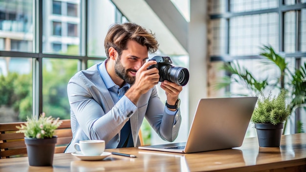 Photo a man is taking a photo of a camera and a laptop