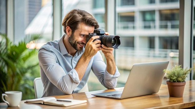 Photo a man is taking a photo of a camera and a laptop