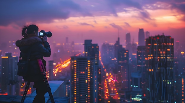 Photo a man is taking a photo of a city skyline with a camera