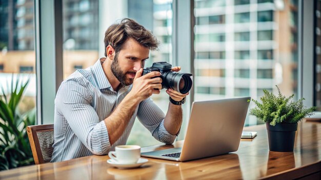 Photo a man is taking a photo of a laptop and a cup of coffee