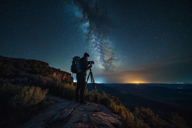 Photo a man is taking a photo of a mountain with a camera and a night sky behind him