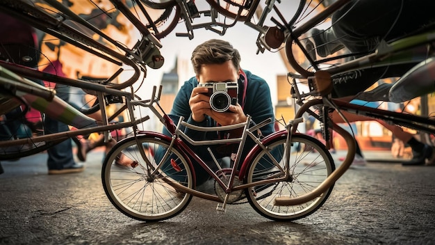 a man is taking a picture of a bicycle with a camera