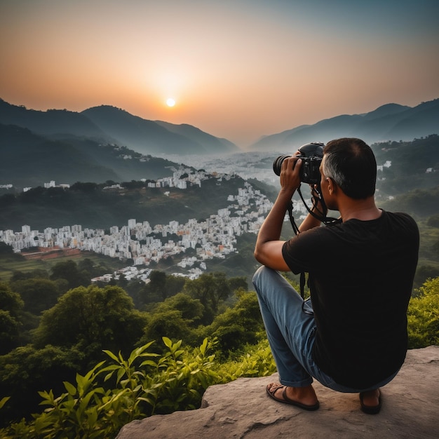 a man is taking a picture of a city with a camera