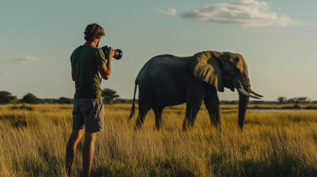 Photo a man is taking a picture of an elephant in a field