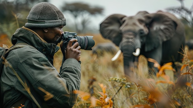 Photo a man is taking a picture of an elephant in the wild