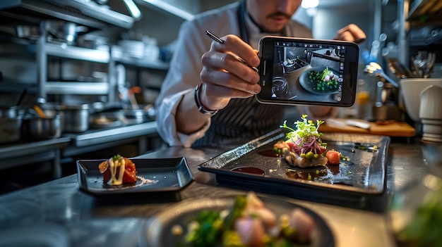 Photo a man is taking a picture of food with a camera