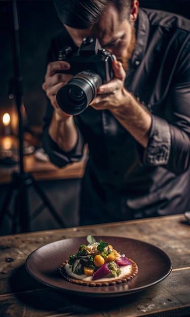 Photo a man is taking a picture of food with a camera