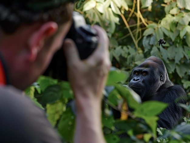 Photo a man is taking a picture of a gorilla