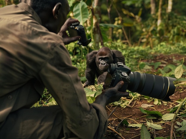 Photo a man is taking a picture of a monkey with a camera