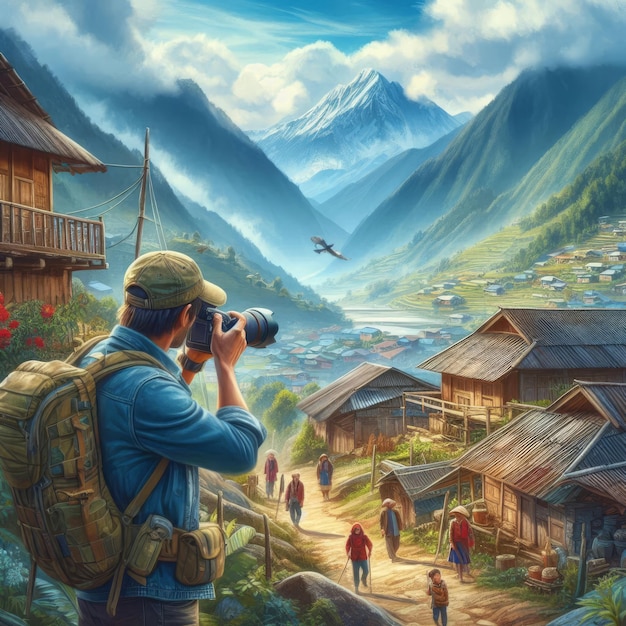 a man is taking a picture of a mountain village