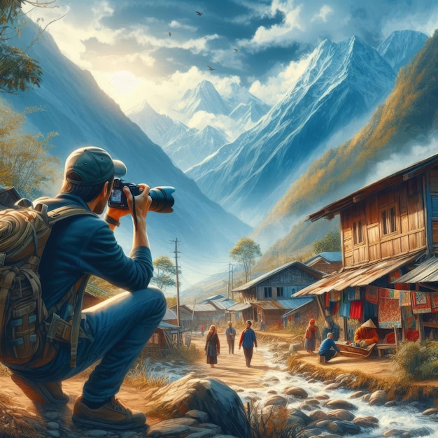 a man is taking a picture of a mountain with a camera