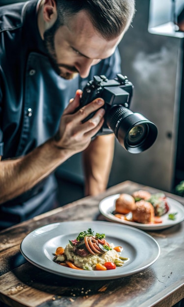 Photo a man is taking a picture of a plate of food with a camera