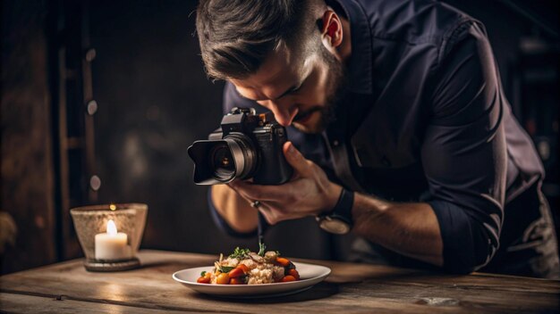 Photo a man is taking a picture of a plate of food with a camera