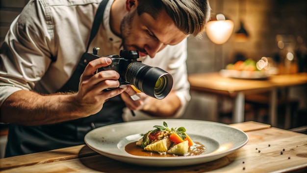 Photo a man is taking a picture of a plate of food with a camera