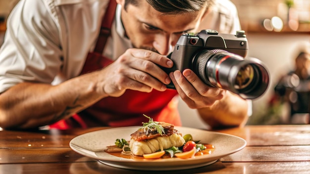 Photo a man is taking a picture of a plate of food with a camera