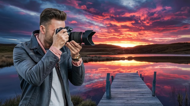 a man is taking a picture of a sunset with a camera