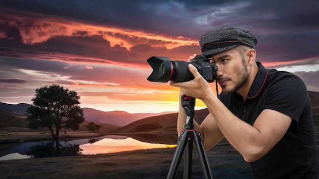 a man is taking a picture with a camera and a sunset in the background