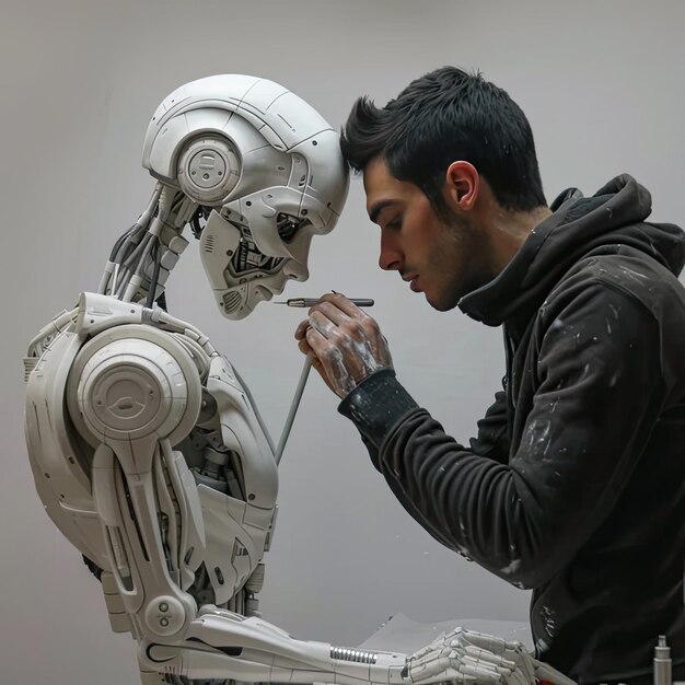 Photo a man is touching a robot with a skull on his face