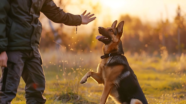 Photo a man is training a german shepherd dog in a field the man is holding the dogs paw and the dog is looking up at him