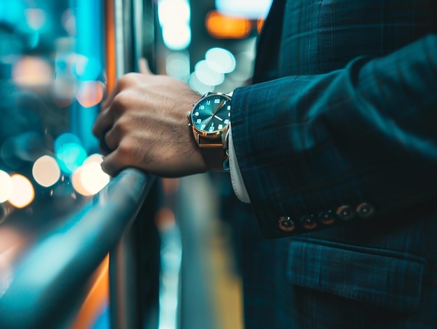 Photo a man is traveling a train and seeing watch