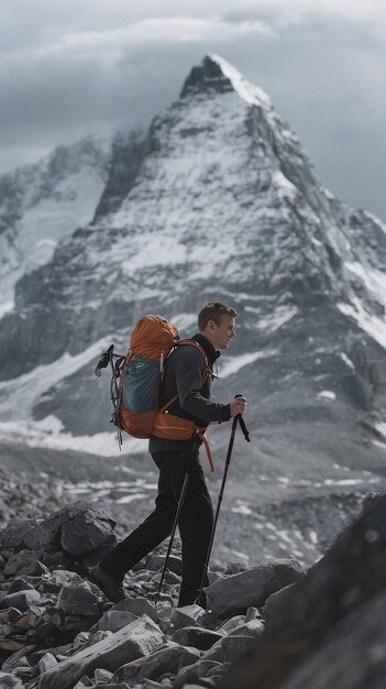 Photo man is trekking near snow mountain