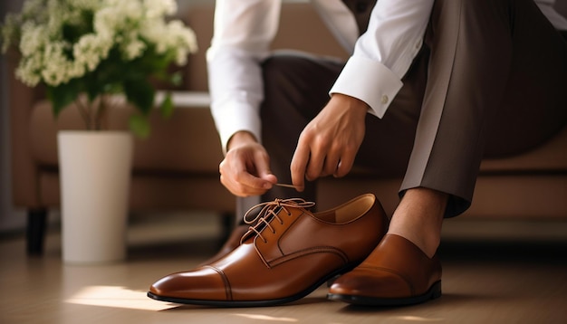 a man is tying his shoes on the floor