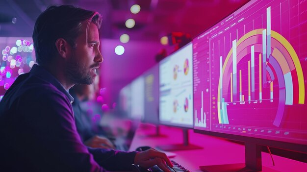 Photo a man is typing on a computer with a pink screen that says  graph