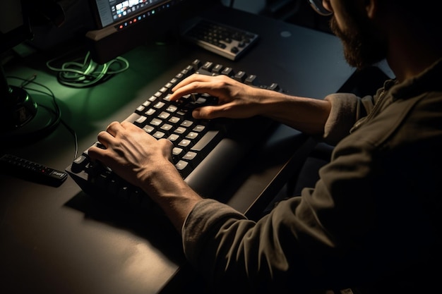 A man is typing on a keyboard in front of a monitor that says'glitch'on it