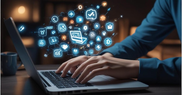 a man is typing on a laptop with a blue screen with the words  stickers  on the bottom