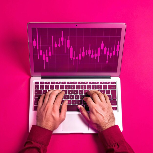 Photo a man is typing on a laptop with a pink background