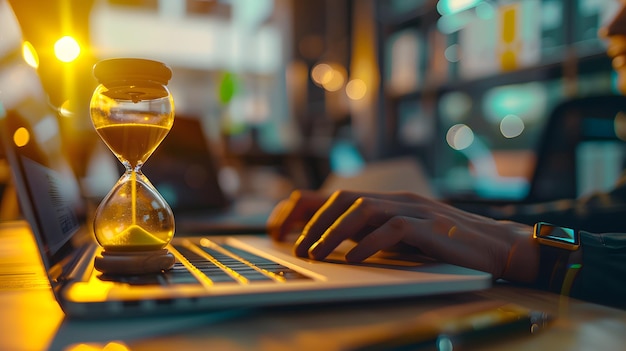 A man is typing on a laptop with a sand timer on the desk