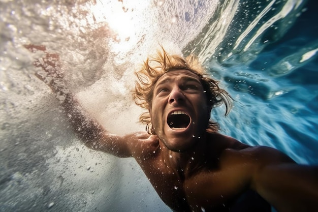 A man is underwater in a wave and is looking at the camera.