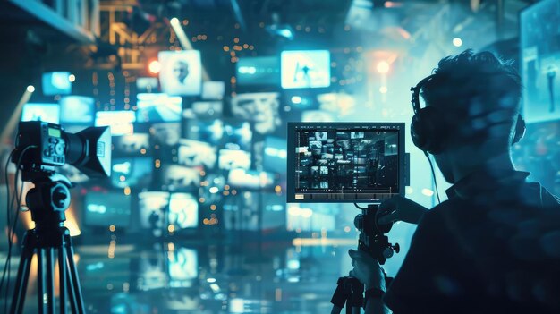 A man is using a computer to edit a video He is surrounded by screens showing different parts of the video He is wearing a headset and is focused on his work