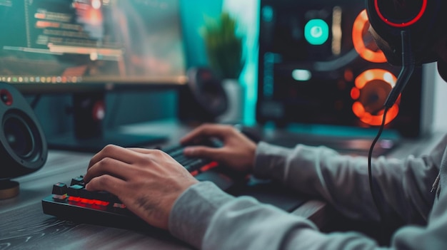 a man is using a computer keyboard with a green light in the background