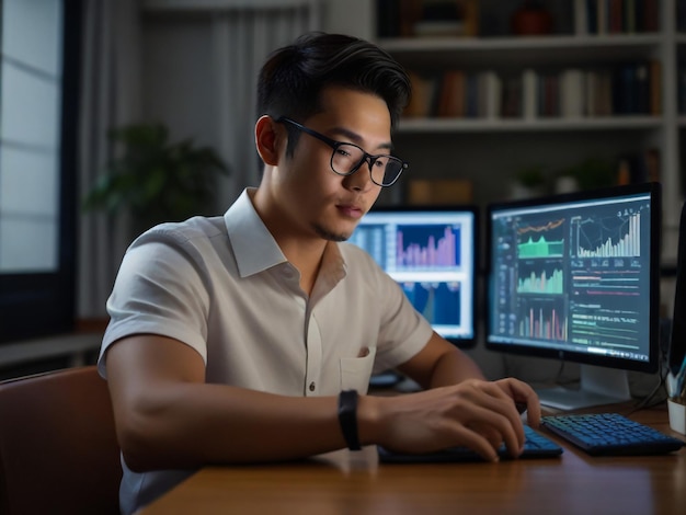 a man is using a computer with a computer screen showing a graph